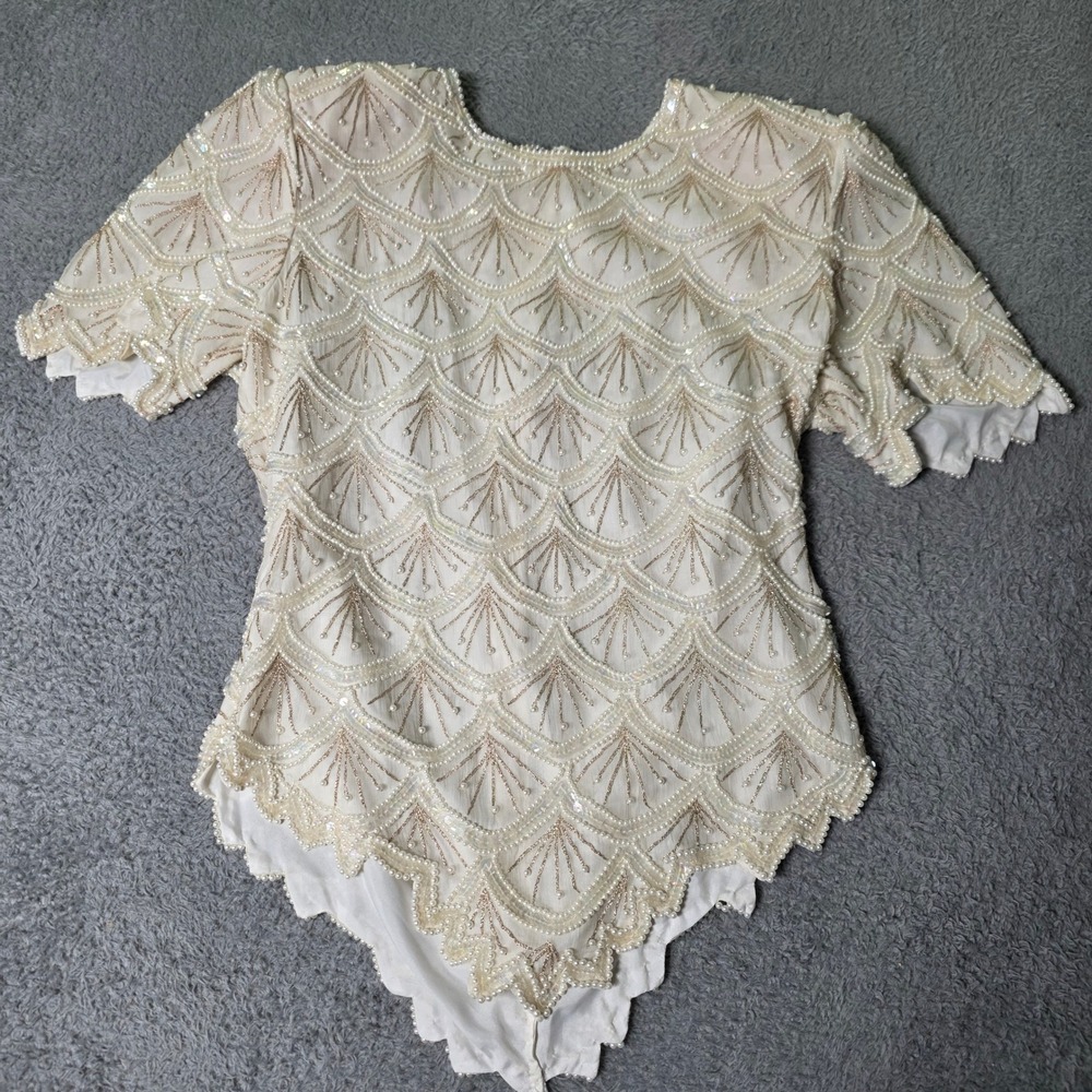 Laurence Kazar Womens M Beaded Silk Top Cream Pearl Sequin Art Deco Scallop VTG